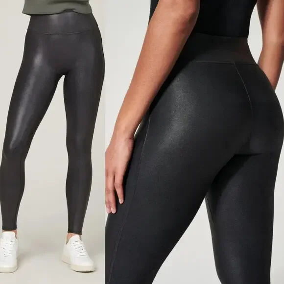 Spanx Women's Faux Leather Leggings Black Shaping Contour Waistband Size XS